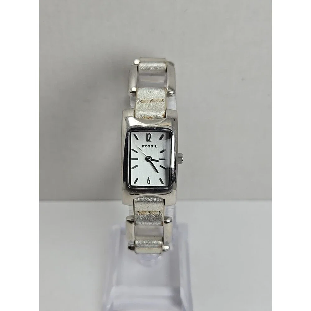 Fossil F2 ES1401 Womens Silver Link Leather Tank Watch New Battery Quartz Y2K